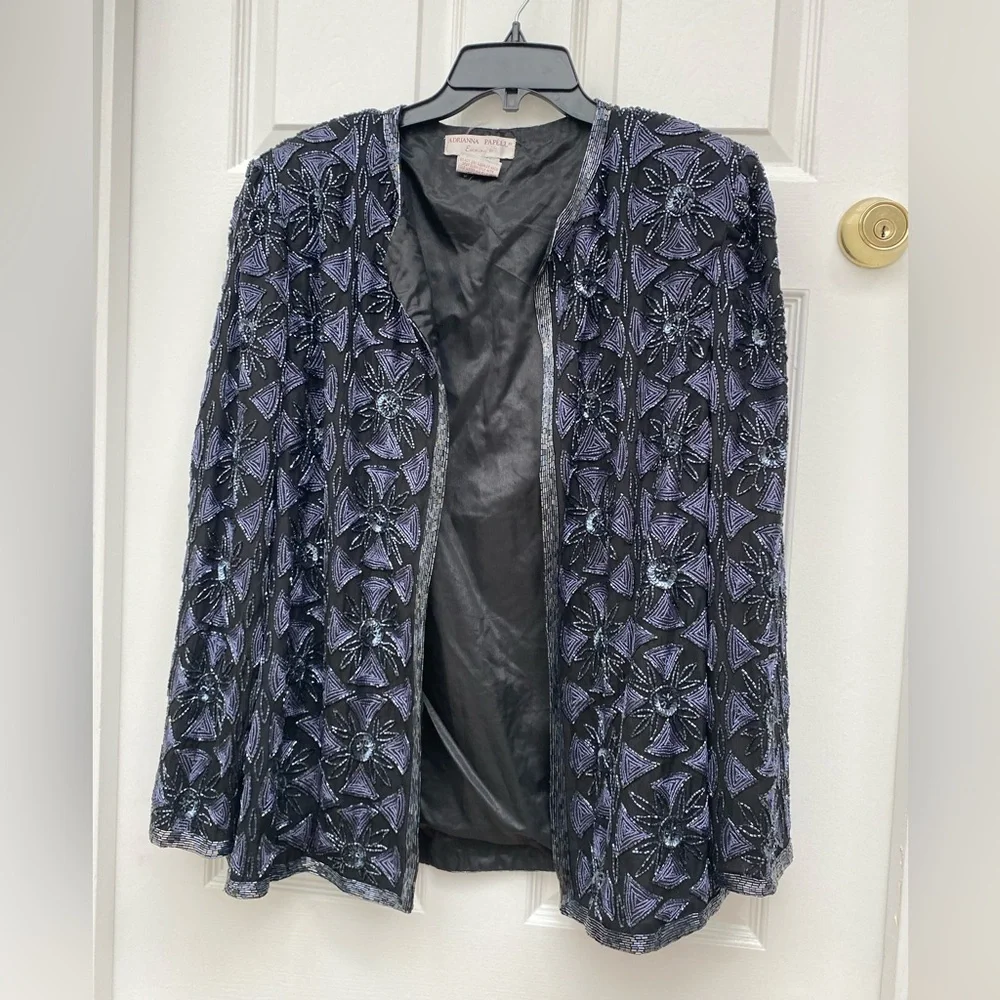 Adrianna Papell Black and Purple Beaded Jacket -Size XL